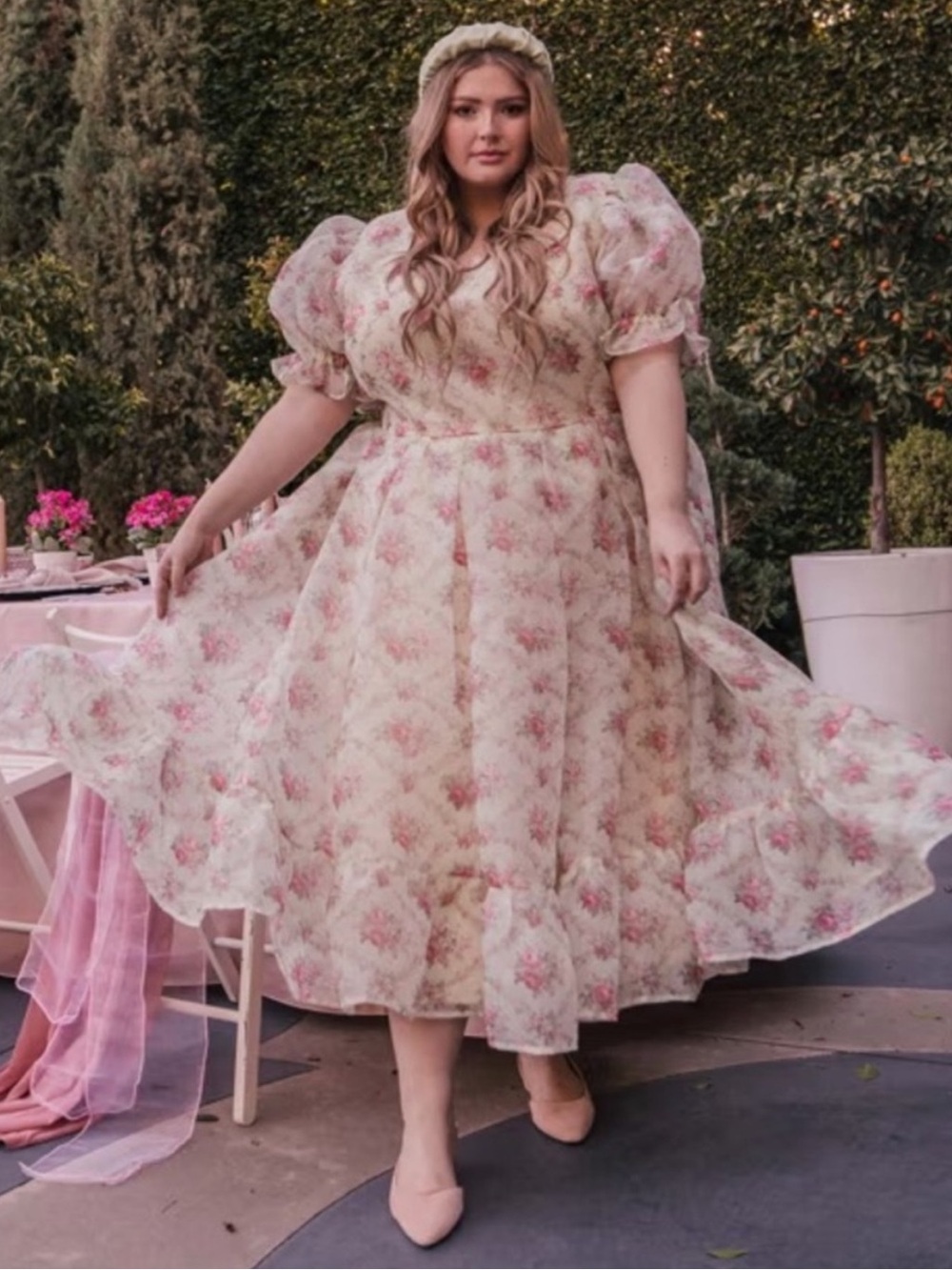JessaKae Amelia Floral Puff Sleeve Midi Dress Cream Pink Size 4X Plus Size